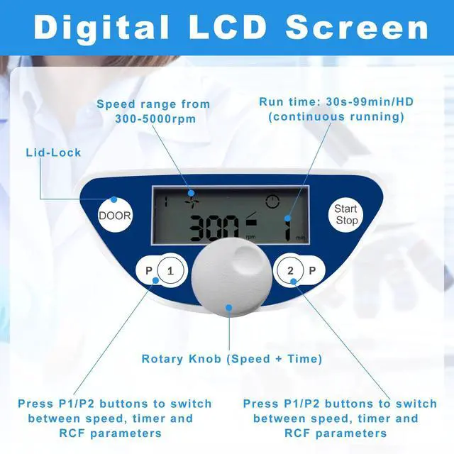 Alt view image 4 of 6 - PRP Benchtop Centrifuge, 300-5000 RPM Lab Centrifuge, Max. 2600xg RCF, LCD Digital Microcentrifuge with Brushless DC Motor, Rotor for 6x15ml /10ml/ 7ml/ 1.5-5ml PRP Tubes