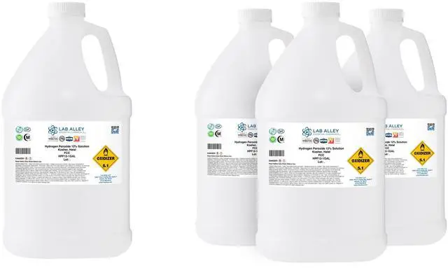 Main image of Hydrogen Peroxide 12% Food Grade, Kosher, Halal, GMO-Free, Multi-Purpose Cleaner for Laundry, Kitchen, Bath & Home, 4 Gallons (Pack of 4 x 1 Gallon Bottles)