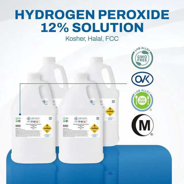 Alt view image 5 of 6 - Hydrogen Peroxide 12% Food Grade, Kosher, Halal, GMO-Free, Multi-Purpose Cleaner for Laundry, Kitchen, Bath & Home, 4 Gallons (Pack of 4 x 1 Gallon Bottles)