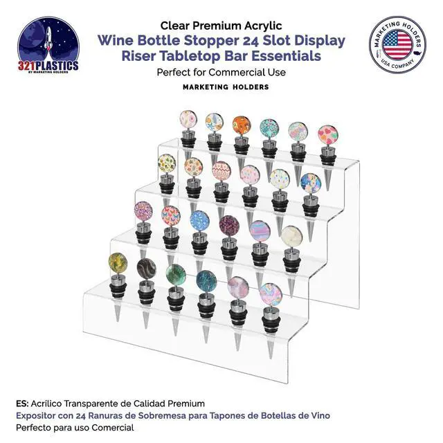 Alt view image 3 of 6 - 4 Pack Liquor Bottle Stopper Display Pourer or Bottle Topper Rack 4 Tier Lucite Clear Tabletop Caddy 24 Holes For Bars and Restaurants