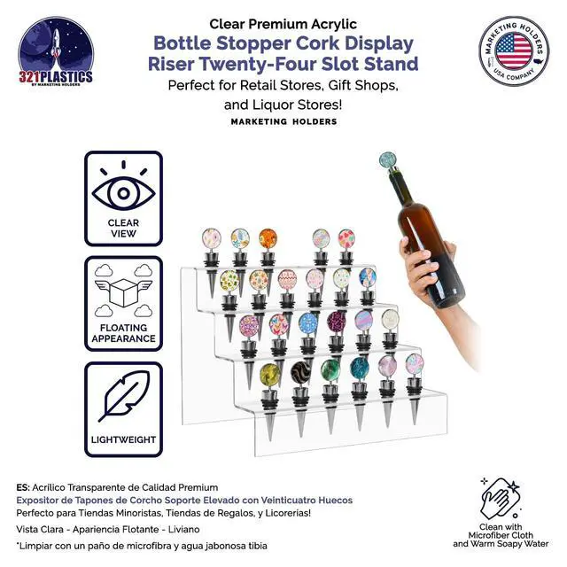 Alt view image 4 of 6 - 4 Pack Liquor Bottle Stopper Display Pourer or Bottle Topper Rack 4 Tier Lucite Clear Tabletop Caddy 24 Holes For Bars and Restaurants
