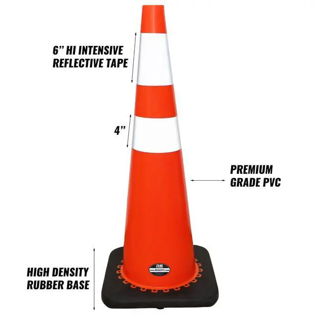 Alt view image 2 of 5 - (Set of 2) 36" RK Orange Safety PVC Traffic Cone, Black Base with 6" + 4" Reflective Collars,Black Base (2 Cones)