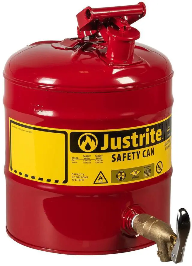 Main image of 7150150 Type I Galvanized Steel Laboratory Safety Shelf Can with Rigid Brass Safety Bottom Faucet, 5 Gallon Capacity, Red