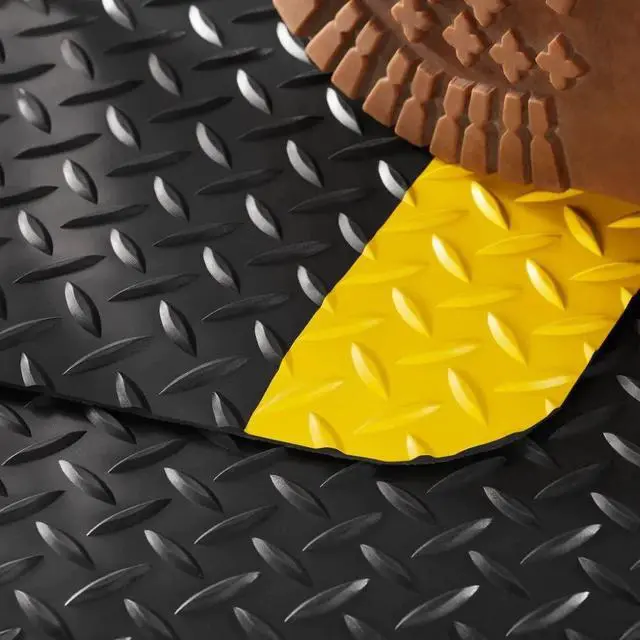 Alt view image 2 of 6 - Anti-Fatigue Heavy Duty Diamond Plate Floor Mat, Commercial Grade Standing Support for Leg & Back Pain, Sponge Base/Solid Vinyl Top Made in USA (7/8" Yellow Border, 3' x 5')