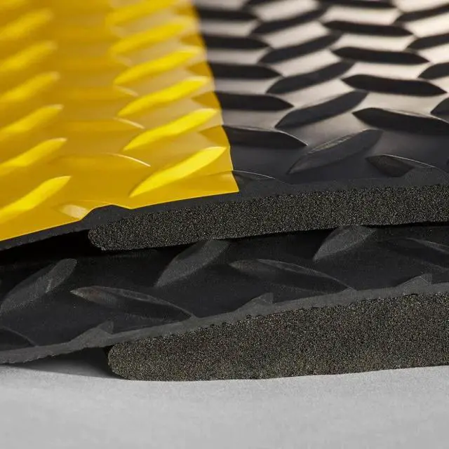 Alt view image 3 of 6 - Anti-Fatigue Heavy Duty Diamond Plate Floor Mat, Commercial Grade Standing Support for Leg & Back Pain, Sponge Base/Solid Vinyl Top Made in USA (7/8" Yellow Border, 3' x 5')