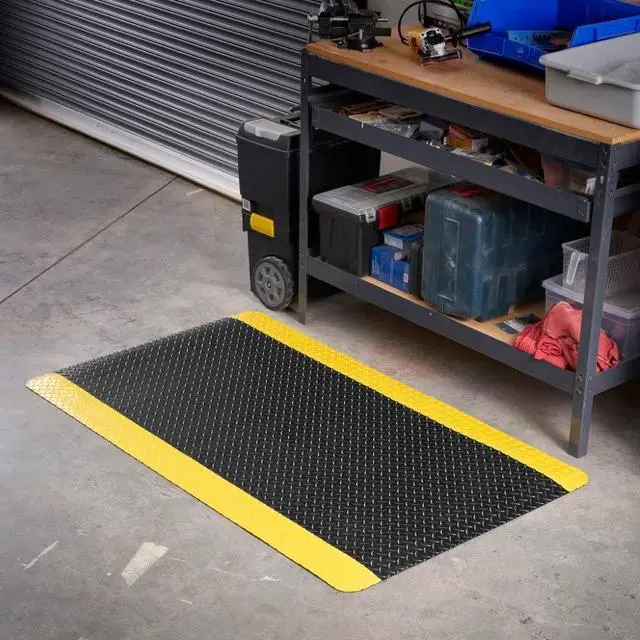 Alt view image 5 of 6 - Anti-Fatigue Heavy Duty Diamond Plate Floor Mat, Commercial Grade Standing Support for Leg & Back Pain, Sponge Base/Solid Vinyl Top Made in USA (7/8" Yellow Border, 3' x 5')