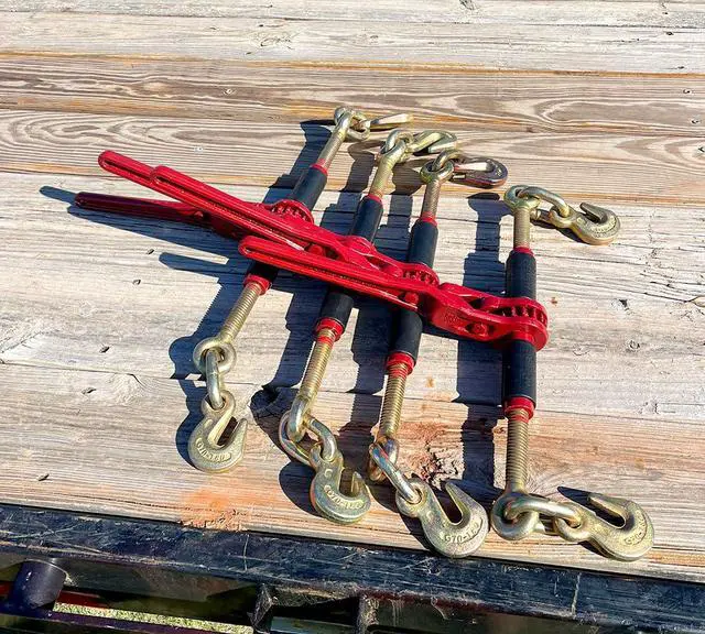 Alt view image 4 of 6 - (4 Pack) Chain Binder Ratchet Style 5/16-3/8" Gold Chromate Hooks 7,100# WLL w/Easy Grips on Barrel