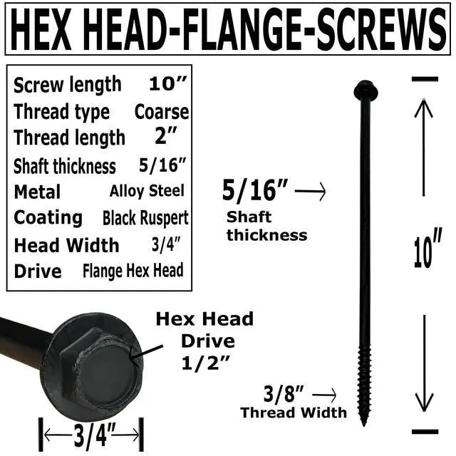 Alt view image 2 of 6 - (100) 3/8 X 10 Black Hex Head Lag Wood Screws, Heavy Duty lag Bolts for Timber, Tree Houses, Fences by -Qty 100