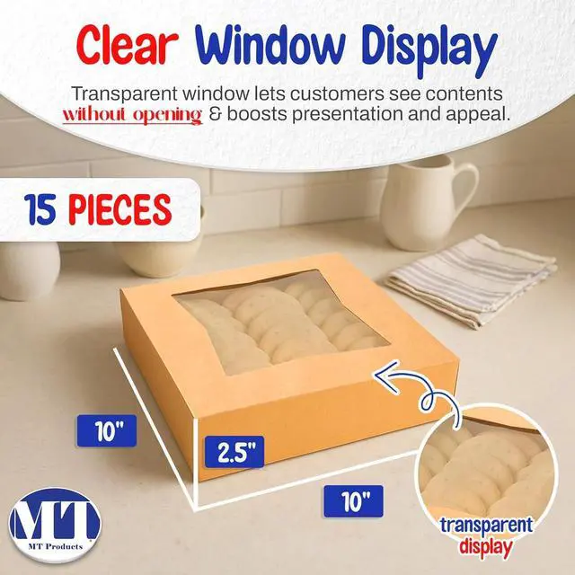 Alt view image 2 of 6 - Kraft Pie Boxes 10" x 10" x 2.5" - Auto Pop-Up Bakery Cake Boxes with Window (Pack of 200) - Made in the USA