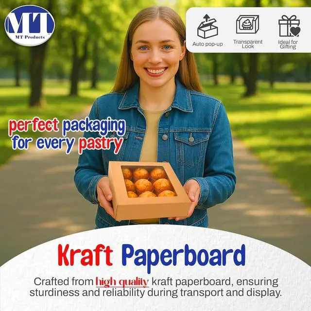 Alt view image 3 of 6 - Kraft Pie Boxes 10" x 10" x 2.5" - Auto Pop-Up Bakery Cake Boxes with Window (Pack of 200) - Made in the USA