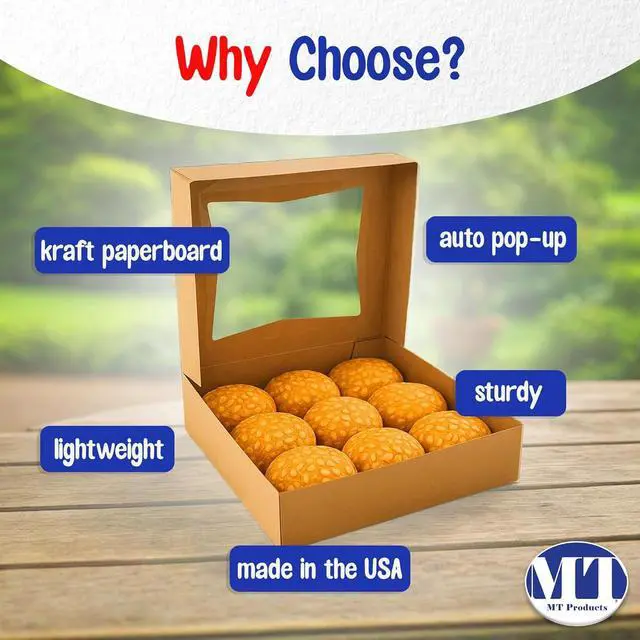 Alt view image 5 of 6 - Kraft Pie Boxes 10" x 10" x 2.5" - Auto Pop-Up Bakery Cake Boxes with Window (Pack of 200) - Made in the USA