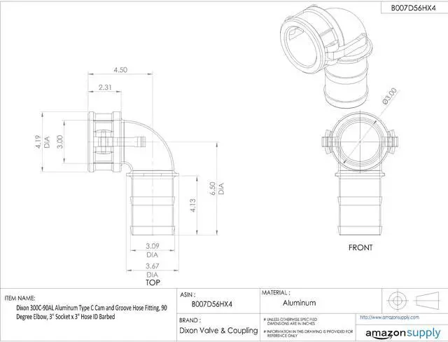 Alt view image 3 of 3 - 300C-90AL Aluminum Type C Cam and Groove Hose Fitting, 90 Degree Elbow, 3" Socket x 3" Hose ID Barbed