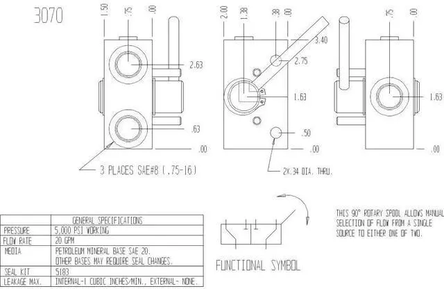 Alt view image 5 of 5 - Hydraulic Rotary Selector Diverter Valve, 3 Way, 20 GPM, 5000 PSI, #8 SAE Ports
