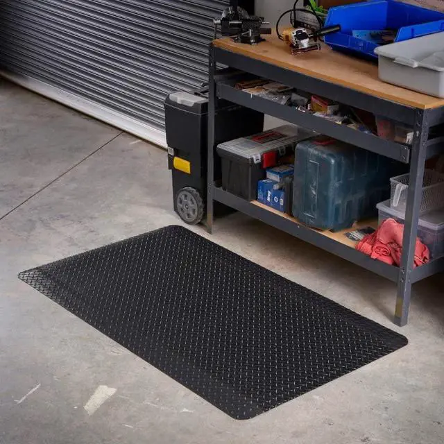 Alt view image 5 of 6 - Anti-Fatigue Heavy Duty Diamond Plate Floor Mat, Commercial Grade Standing Support for Leg & Back Pain, Thick Sponge Base/Solid Vinyl Top Made in USA (1/2" Black, 3' x 5')
