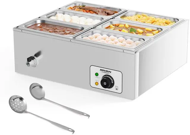 Main image of 42.3QT 6-Pan Electric Commercial Food Warmer, 110V Stainless Steel Bain Marie Buffet, 6.9 QT/Pan Stove Steam Table with Temperature Control & Lid for Parties, Catering, Restaurants