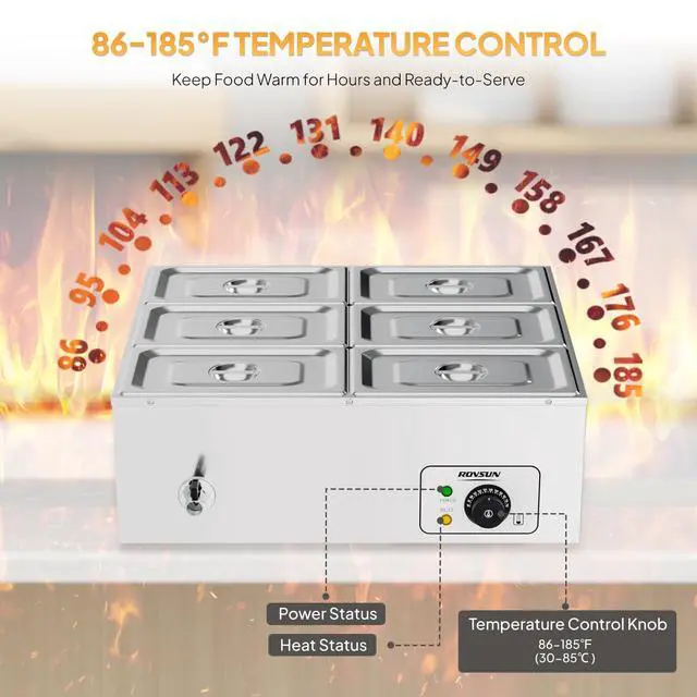 Alt view image 3 of 6 - 42.3QT 6-Pan Electric Commercial Food Warmer, 110V Stainless Steel Bain Marie Buffet, 6.9 QT/Pan Stove Steam Table with Temperature Control & Lid for Parties, Catering, Restaurants