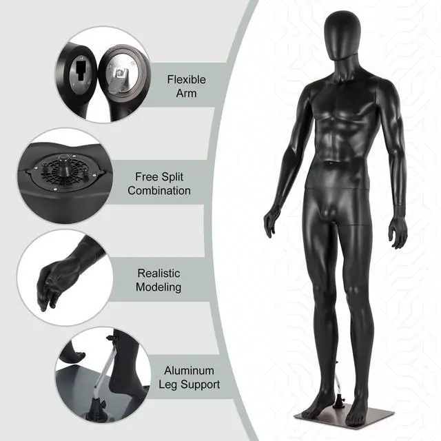Alt view image 3 of 6 - Male Mannequin Full Body Black - 74 Detachable Man Dress Form Mannequin Realistic Metal Base for Clothing Shops