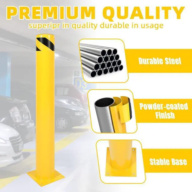 Alt view image 2 of 6 - (2Pcs) 42 inch Steel Safety Bollard Parking Barrier Post Safety Bollard Universal for Outdoor Sidewalks Entrances Parking Lots Powder Coat Pipe Steel Bolts Yellow 42" x 5"