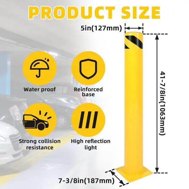 Alt view image 3 of 6 - (2Pcs) 42 inch Steel Safety Bollard Parking Barrier Post Safety Bollard Universal for Outdoor Sidewalks Entrances Parking Lots Powder Coat Pipe Steel Bolts Yellow 42" x 5"