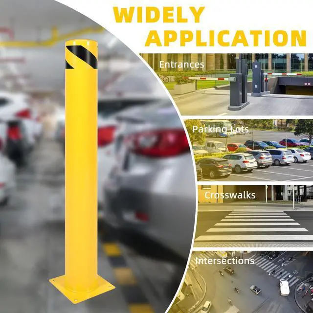 Alt view image 6 of 6 - (2Pcs) 42 inch Steel Safety Bollard Parking Barrier Post Safety Bollard Universal for Outdoor Sidewalks Entrances Parking Lots Powder Coat Pipe Steel Bolts Yellow 42" x 5"