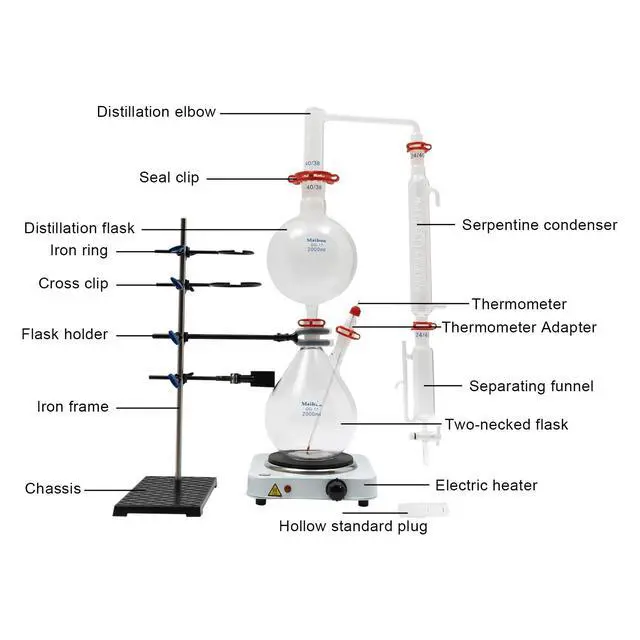 Alt view image 2 of 6 - Distillation Apparatus Lab Glassware Kit 2000ml Essential Oil Distiller Kit Glass Steam Distillation with 1000W Heater Steam Water Distiller Purifier Essential Oil Distillation Apparatus for Home Lab