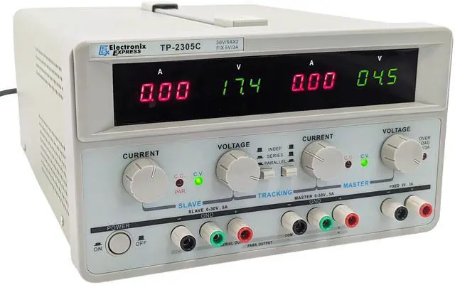 Main image of Triple Output Power Supply, Two 0-30V @ 0-5A; One Fixed 5V @ 3A, Quad LED Displays - Model TP-2305C by