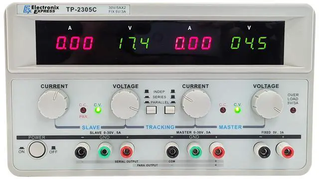 Alt view image 2 of 6 - Triple Output Power Supply, Two 0-30V @ 0-5A; One Fixed 5V @ 3A, Quad LED Displays - Model TP-2305C by