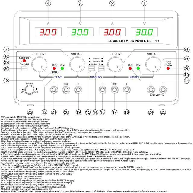 Alt view image 6 of 6 - Triple Output Power Supply, Two 0-30V @ 0-5A; One Fixed 5V @ 3A, Quad LED Displays - Model TP-2305C by