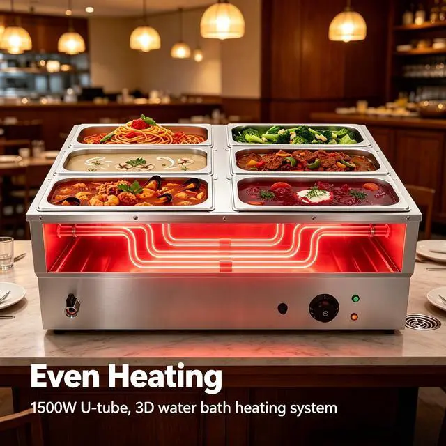 Alt view image 4 of 6 - 6 Pan Commercial Food Warmer, 1500W Electric Stainless Steel Steam Table Bain Marie, 86-230 Temp Control, 6×1.77Gal Pans, Countertop Buffet Server Chafing Dish for Catering Parties Restaurants