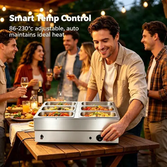 Alt view image 5 of 6 - 6 Pan Commercial Food Warmer, 1500W Electric Stainless Steel Steam Table Bain Marie, 86-230 Temp Control, 6×1.77Gal Pans, Countertop Buffet Server Chafing Dish for Catering Parties Restaurants