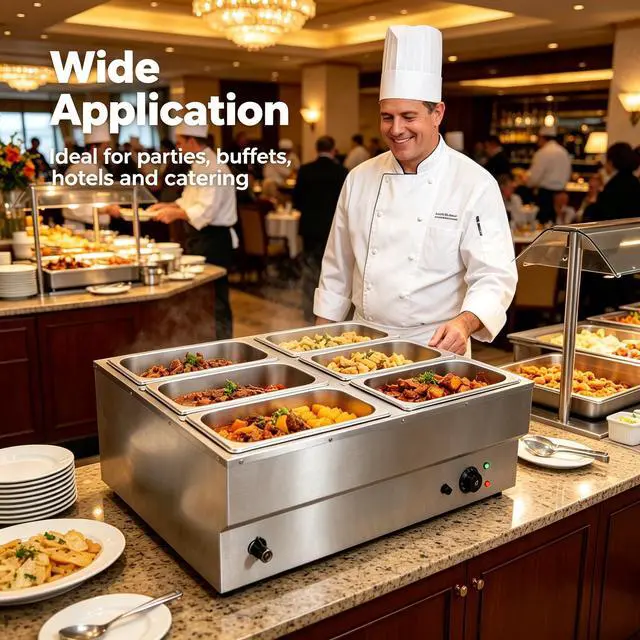 Alt view image 6 of 6 - 6 Pan Commercial Food Warmer, 1500W Electric Stainless Steel Steam Table Bain Marie, 86-230 Temp Control, 6×1.77Gal Pans, Countertop Buffet Server Chafing Dish for Catering Parties Restaurants