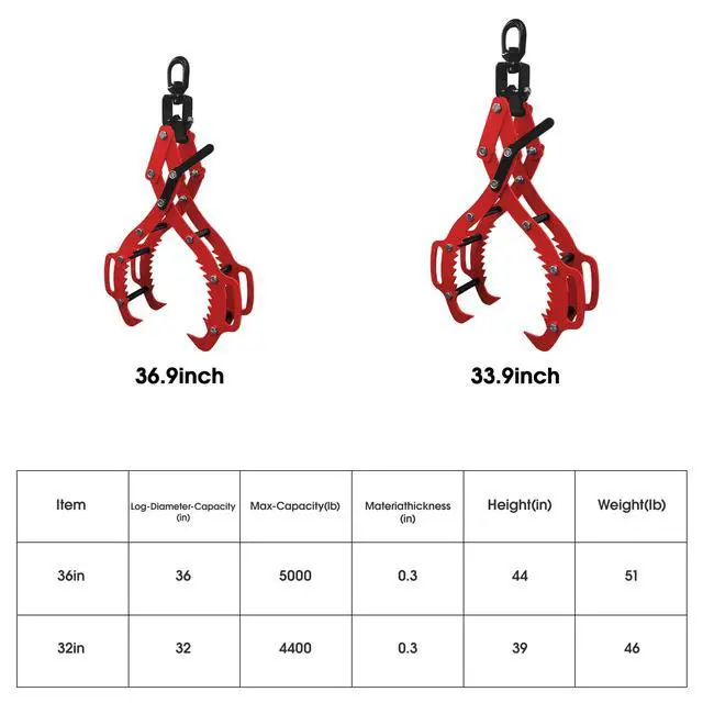 Alt view image 5 of 6 - Upgraded 36 inch Timber Claw Hooks with Operating Handle, Heavy Duty 4 Claw Log Lifting Tong, 5000lbs Capacity Log Grabber Hook, Logging Tools for Tractors, ATVs, Trucks, Forklifts