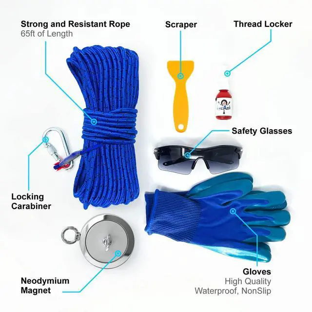 Alt view image 3 of 5 - Ultimate Magnet Fishing Adventure Kit - Complete Set with Double-Sided Neodymium Magnet, 66ft Rope, Protective Gloves, Safety Gear & Carrying Case. Choose 1700, 2600, or 4200 lbs Strength