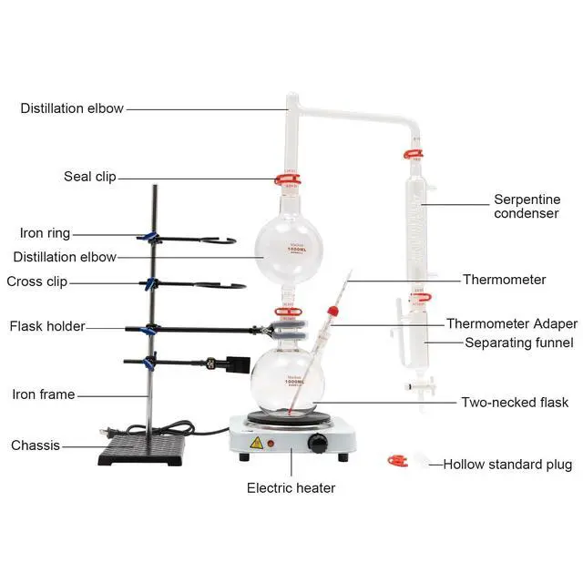 Alt view image 2 of 6 - 110V 1000W Essential Oil Separator Steam Water Distiller Purifier Lab Glass Distillation Kit Oil Distillation Apparatus with Condenser+Hot Stove (1000ML)