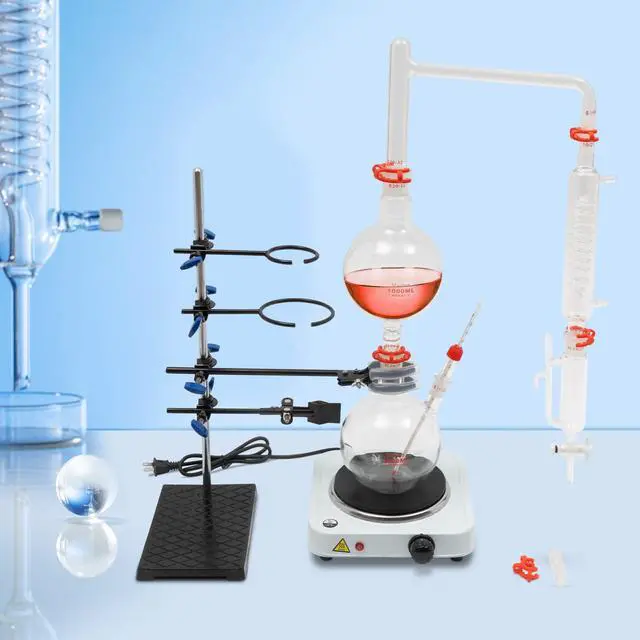 Alt view image 3 of 6 - 110V 1000W Essential Oil Separator Steam Water Distiller Purifier Lab Glass Distillation Kit Oil Distillation Apparatus with Condenser+Hot Stove (1000ML)