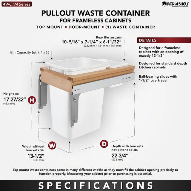 Alt view image 3 of 6 - Top Mount Single Pullout Under Cabinet 35 Quart Kitchen Trash Cans, 150 Pound Rated Full-Extension Slides, 4WCTM-12DM1-343-FL