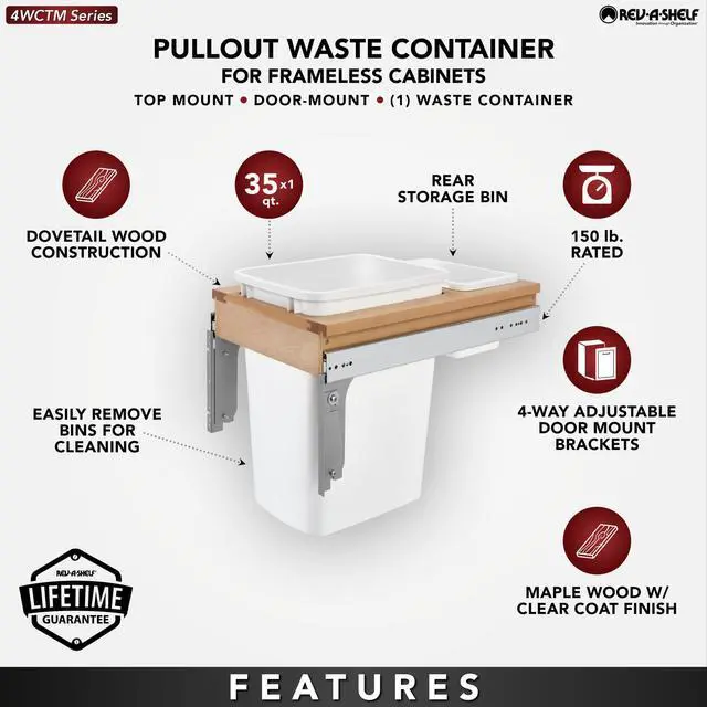 Alt view image 4 of 6 - Top Mount Single Pullout Under Cabinet 35 Quart Kitchen Trash Cans, 150 Pound Rated Full-Extension Slides, 4WCTM-12DM1-343-FL