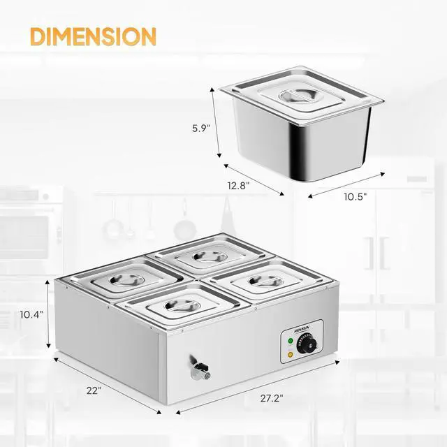 Alt view image 6 of 6 - 42.3QT 4-Pan Electric Commercial Food Warmer, 110V Stainless Steel Bain Marie Buffet, 10.6 QT/Pan Stove Steam Table with Temperature Control & Lid for Parties, Catering, Restaurants