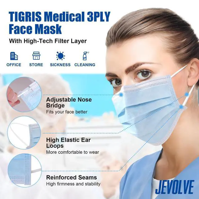 Alt view image 2 of 6 - 2000 Pcs Tigris Disposable Face Mask | Earloop Face Mask 3-Ply Protection Face Masks 4.0g | Disposable Breathable Mask for Adult, Home, Office, Daily Wear - Blue