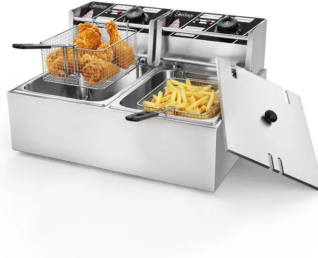 Main image of 22.8QT/21.6L Commercial Deep Fryer with Basket and Lid, 5000W Electric Fryer, Countertop Oil Fryer for French Fries, Onion Rings, Donuts, Temperature Adjustable 140-392, Stainless Steel Double Tank