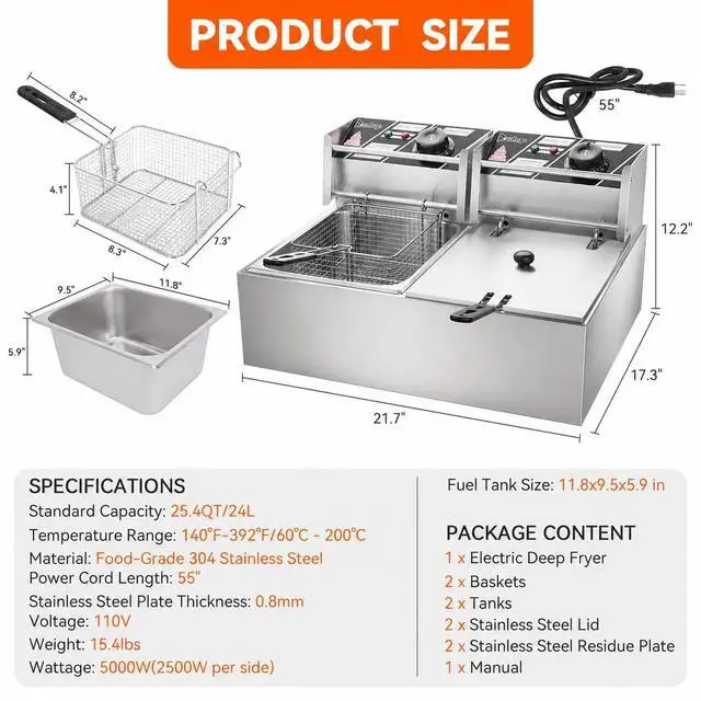 Alt view image 2 of 6 - 22.8QT/21.6L Commercial Deep Fryer with Basket and Lid, 5000W Electric Fryer, Countertop Oil Fryer for French Fries, Onion Rings, Donuts, Temperature Adjustable 140-392, Stainless Steel Double Tank