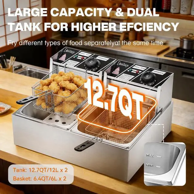 Alt view image 3 of 6 - 22.8QT/21.6L Commercial Deep Fryer with Basket and Lid, 5000W Electric Fryer, Countertop Oil Fryer for French Fries, Onion Rings, Donuts, Temperature Adjustable 140-392, Stainless Steel Double Tank