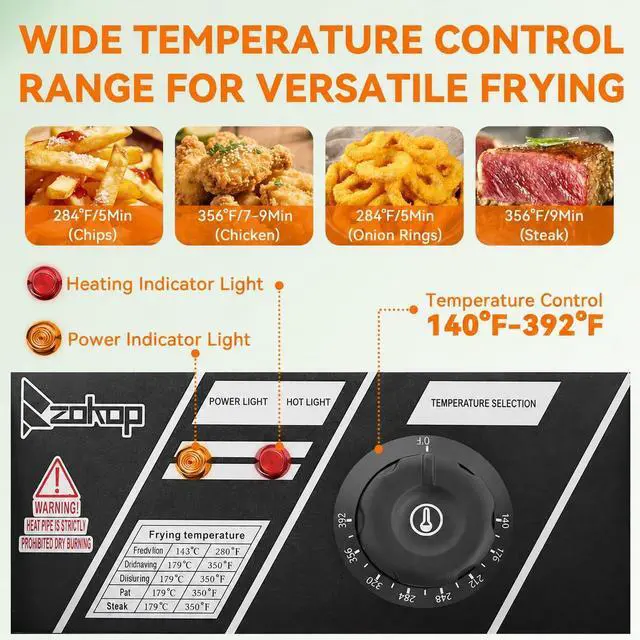 Alt view image 5 of 6 - 22.8QT/21.6L Commercial Deep Fryer with Basket and Lid, 5000W Electric Fryer, Countertop Oil Fryer for French Fries, Onion Rings, Donuts, Temperature Adjustable 140-392, Stainless Steel Double Tank