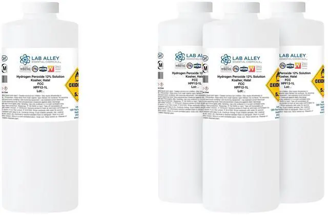 Main image of Hydrogen Peroxide 12% Food Grade, Kosher, Halal, GMO-Free, Multi-Purpose Cleaner for Laundry, Kitchen, Bath & Home, 4 Liters (Pack of 4 x 1 Liter Bottles)