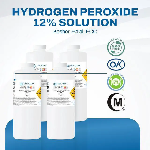 Alt view image 5 of 6 - Hydrogen Peroxide 12% Food Grade, Kosher, Halal, GMO-Free, Multi-Purpose Cleaner for Laundry, Kitchen, Bath & Home, 4 Liters (Pack of 4 x 1 Liter Bottles)