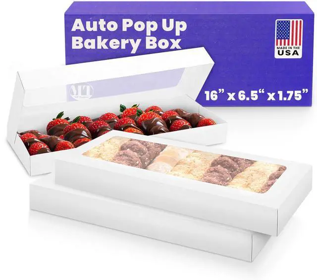 Main image of Chocolate Covered Strawberry Box 16" x 6.5" x 1.75" - Auto Pop-Up White Bakery Boxes (Pack of 125) - Made in the USA