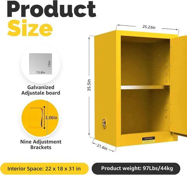 Alt view image 2 of 6 - 24 Gallon Flammable Cabinet, 35" H x25 W x21 D Galvanized Steel Safety Cabinet, Flammable Liquid Storage with Adjustable Shelf, for Commercial Industrial and Home Use