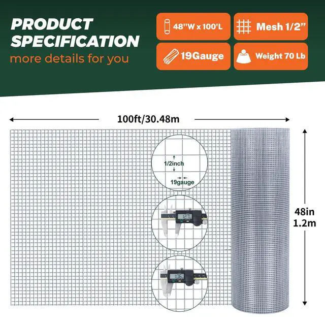 Alt view image 2 of 6 - 1/2'' 48'' X 100' Hardware Cloth, Chicken Wire Fencing Double Layer Hot Dip Galvanized, Wire Mesh Fence Chicken Rabbit Snake Cage Wire Fence Mesh Roll, for Chicken Coops, Fencing, Garden Protection