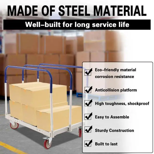Alt view image 2 of 6 - 1000 LB Panel Cart Dolly with Steel Frame, 24" W x 39" H, 5 inch Casters, Panel Bars and Handle Bars, Practical Platform Cart for Factory Warehouses, Garage, Basements, Workshop (39 x 24 in)
