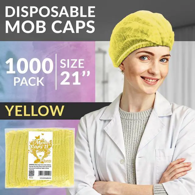 Alt view image 2 of 6 - Disposable Bouffant Caps, Yellow 21 Inch Hair Nets for Food Service Workers, Non Woven Polypropylene Hair Covers, Pack of 1000
